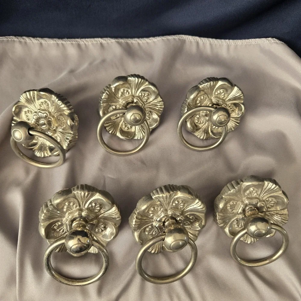 Lot of 6 Silvertone Ornate Floral Backplate w/ Central Drop Ring Drawer Pulls